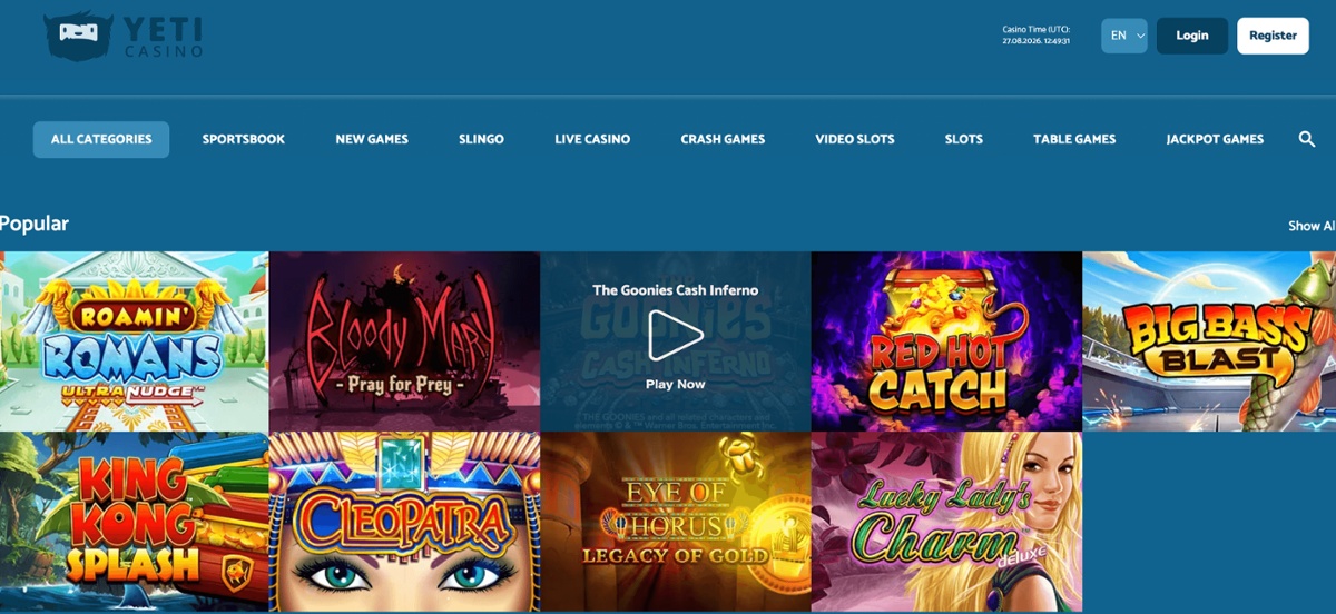 Yeti Casino homepage showing the game lobby with popular slots